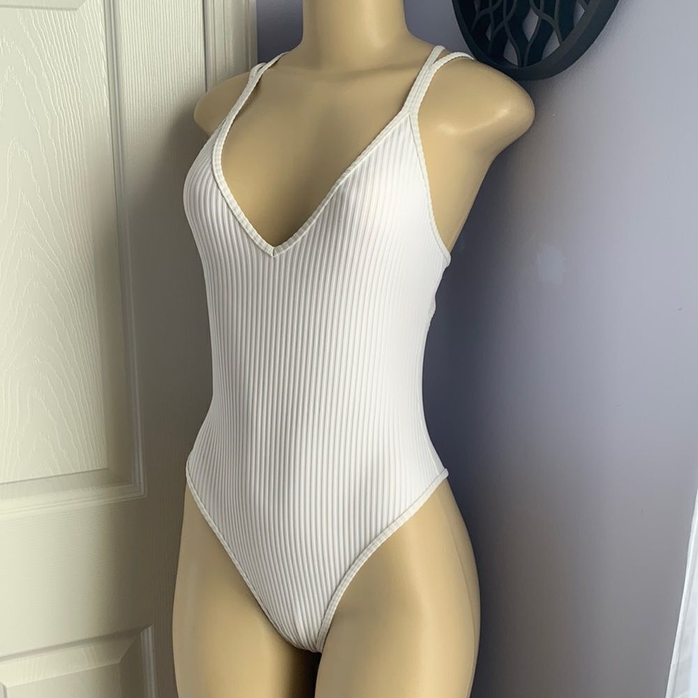 Designer low cut Sexy plunge Ribbed Swimsuit Swimwear White